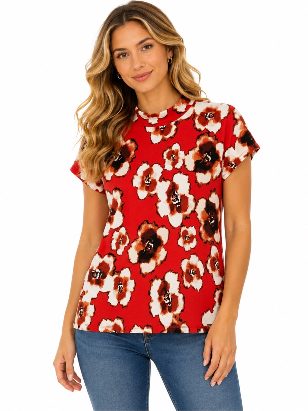 Calvin Klein Xl Shirt Top Red Floral Short‎ Sleeve High Neck Stretch Zipper Back